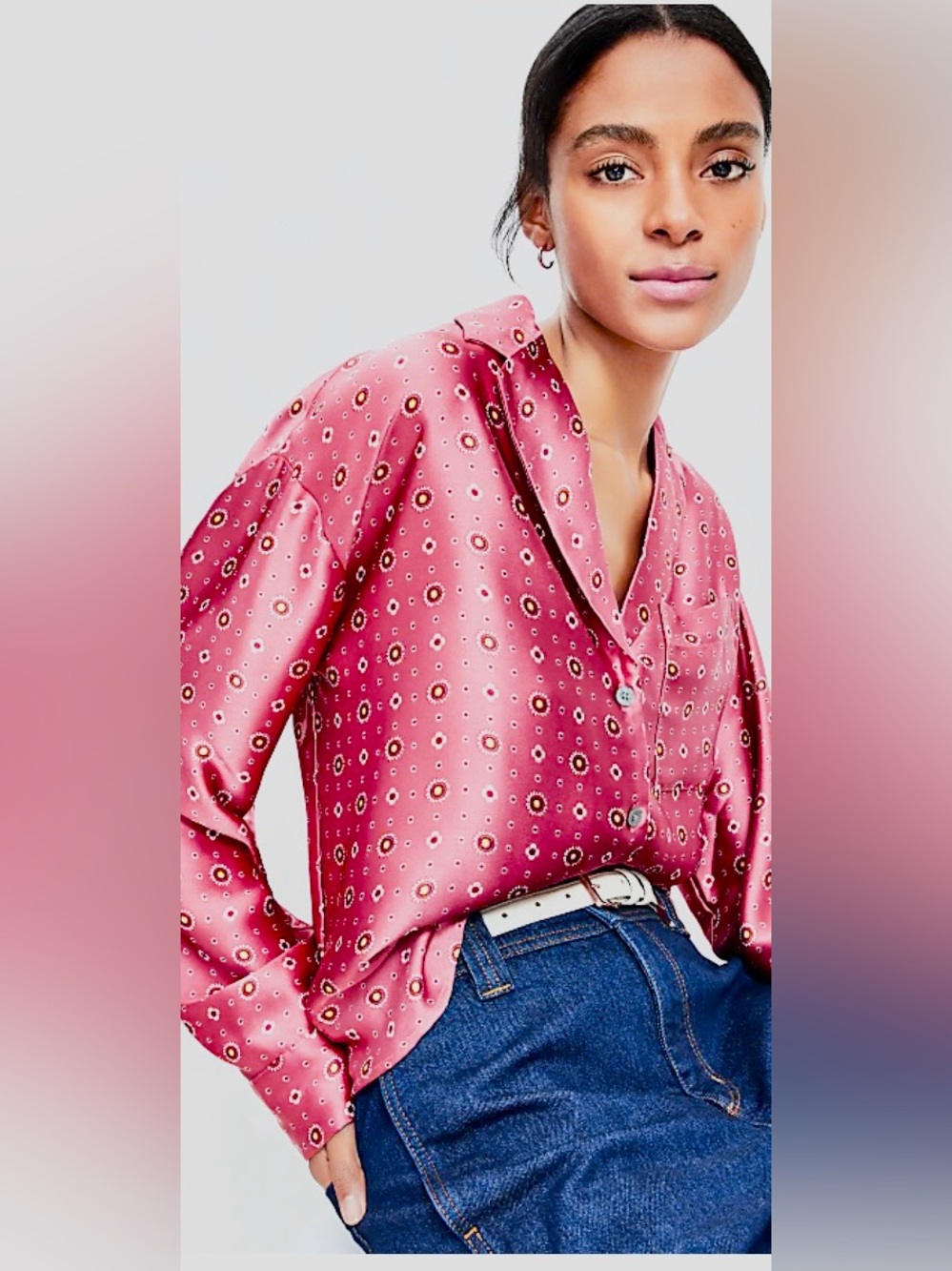 LOFT Floral Foulard Rose-Pink Satin Lapel Button-Down Shirt - size M - Not Worn!